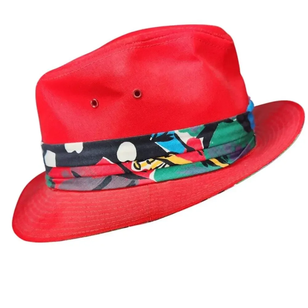 Vintage GTH Golf & Tennis Headwear Fedora Hat Red Abstract Print Trim